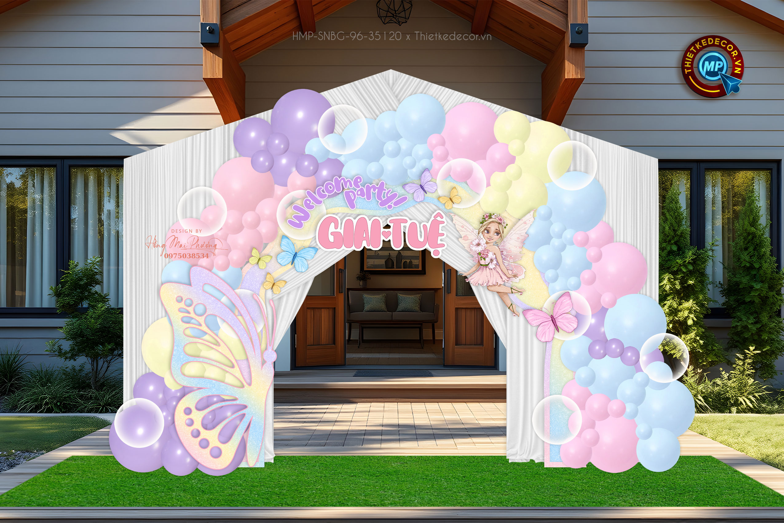 File thiết kế Cổng tiệc sinh nhật bé gái tone hồng dễ thương đáng yêu cute sang trọng